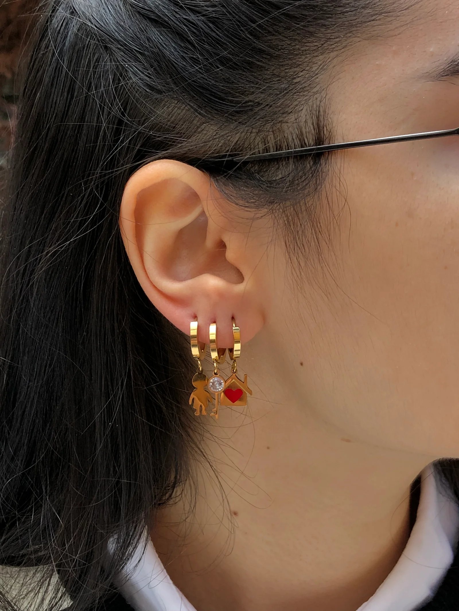 Üçlü Çelik Gold Sallantılı Küpe