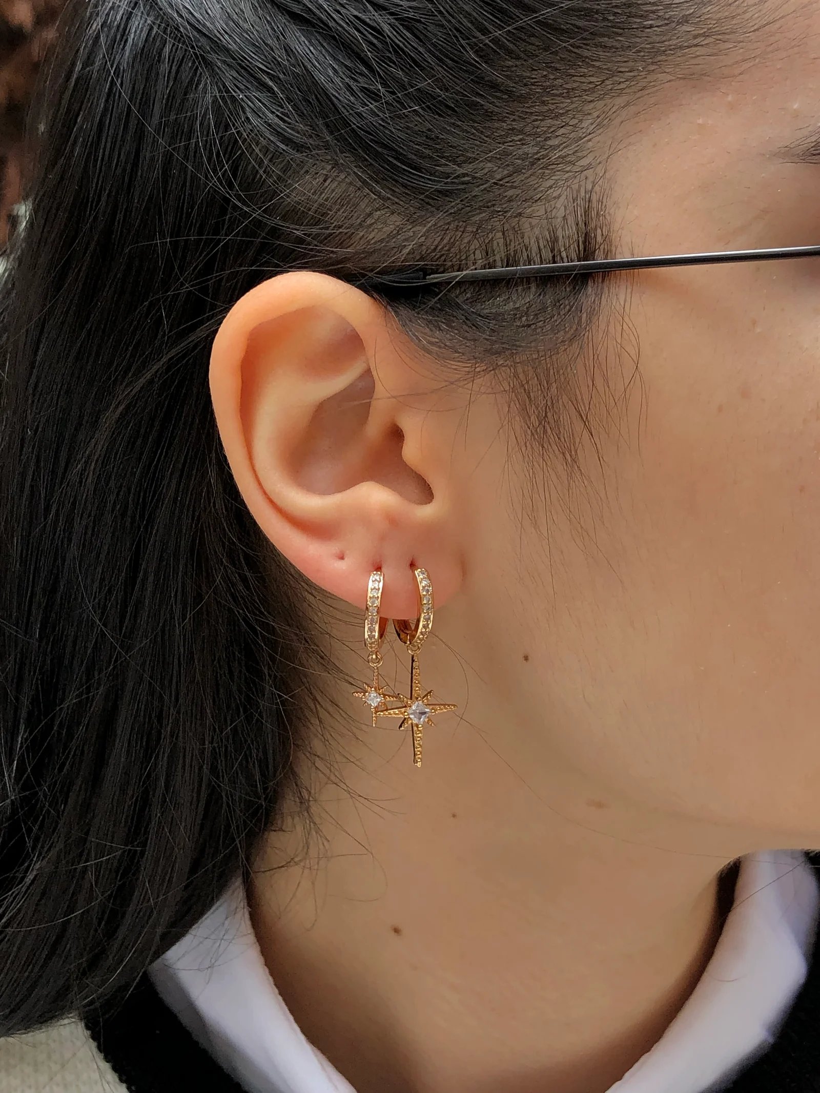 İkili Çelik Gold Yıldız Sallantlı Küpe