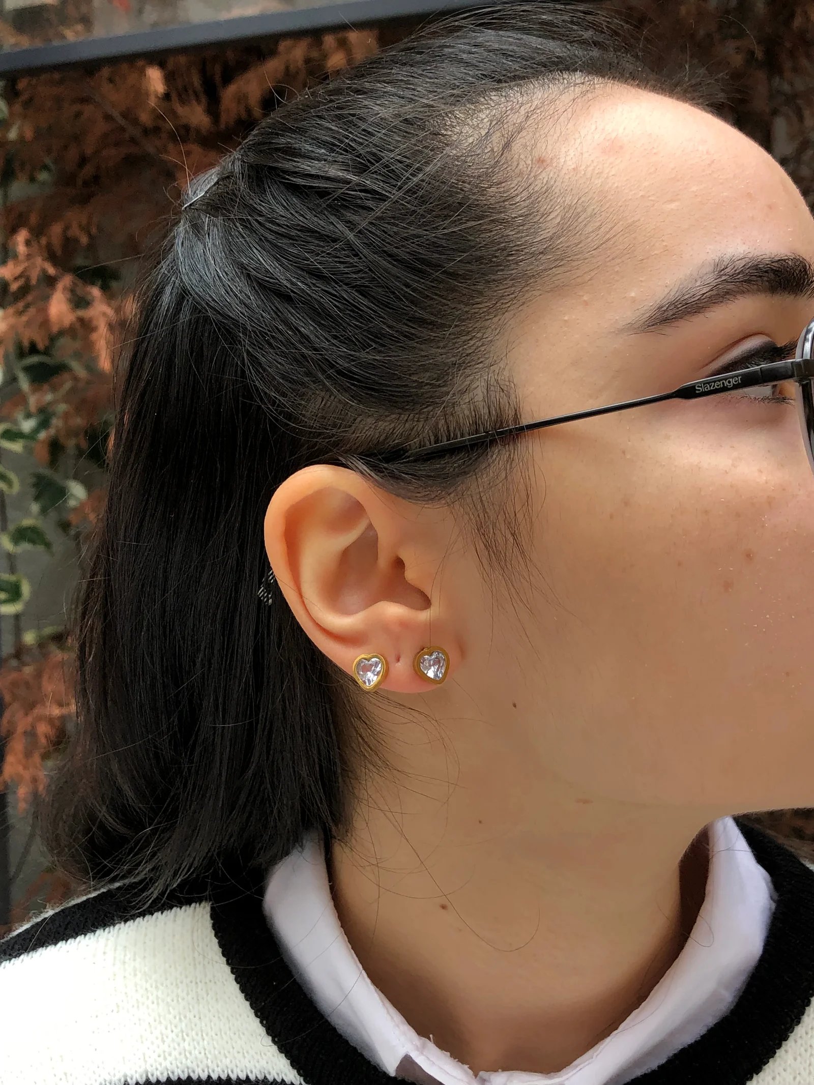 İkili tektaş kalp detay çelik küpe